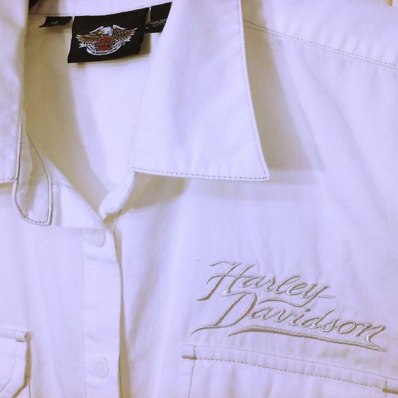 2008 Harley Davidson Blouse SSL Top Shirt Ladies-XL Pockets Buckles Logo White - Picture 6 of 10
